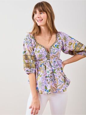 Printfresh Lavender Floral Smocked Peasant Blouse